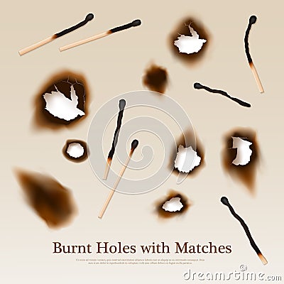 Paper With Burnt Holes And Matches Vector Illustration