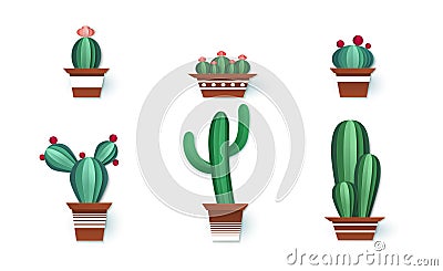 Paper cactuses. Cute interior home decor, paper cut cactus with pink flower in pots, floral cacti plant, succulents Vector Illustration