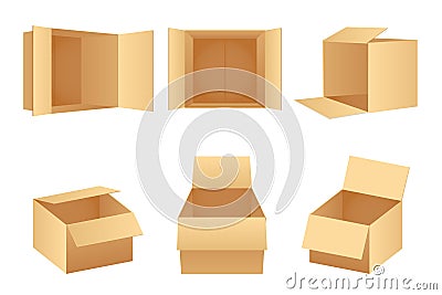 Paper cardboard package boxes isometric open empty pack box isolated icons set realistic template design vector Vector Illustration