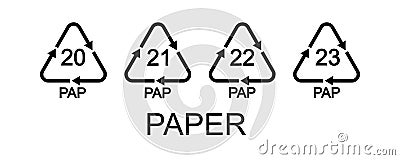 Paper or cardboard recycling signs. 20, 21, 22, 23 PAP in triangular shapes with arrows. Reusable icons isolated on Vector Illustration