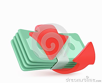 Paper cash bundle with red arrow. Money exchange Cartoon Illustration