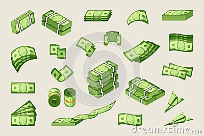 Paper cash single and stacked vector icons set Vector Illustration