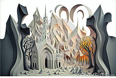 Paper castle, creative digital illustration painting, 3d illustration Cartoon Illustration