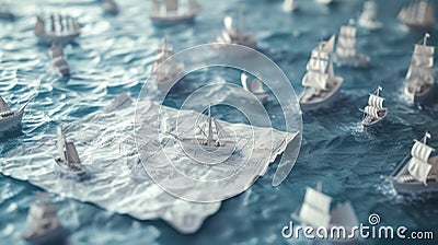 A paper chart littered with plotted coordinates and handdrawn ship icons depicts communication between multiple vessels Stock Photo