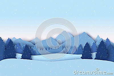 Paper Christmas postcard with winter landscape. Pine trees, mountains Vector Illustration