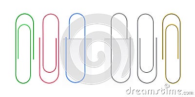 Paper clip collection in different colours. Realistic fastener set isolated on transparent background. Document attach objects Vector Illustration