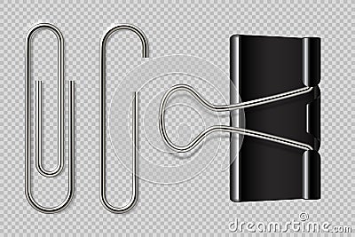 Paper clips. Realistic binder, paper holder isolated on white background, macro metal notebook fasteners. Vector paper Vector Illustration