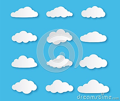 Paper cloud. Different clouds on blue sky in origami design, cut paper cumulus symbol for messages vector set Vector Illustration