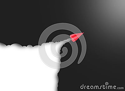 Paper Cloud and Red Airplane Flying on black Background Forward Light. launch Your business Idea, launch Your website or boost Stock Photo