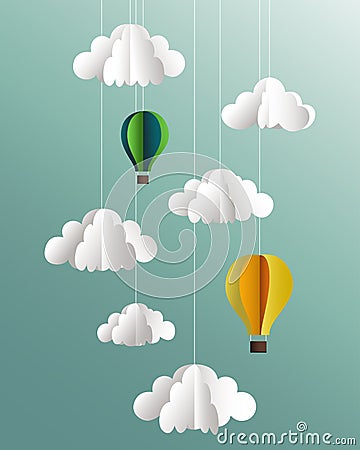 Paper clouds and balloons on blue background Vector Illustration