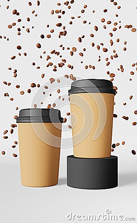 Paper coffee cup black lid falling beans 3D rendering. Coffee shop discount demonstration podium. Hot drink sale banner Stock Photo