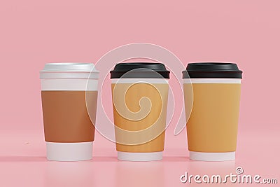 Paper coffee cup with blank labels on sweet pink background, mock up, 3D rendering Stock Photo