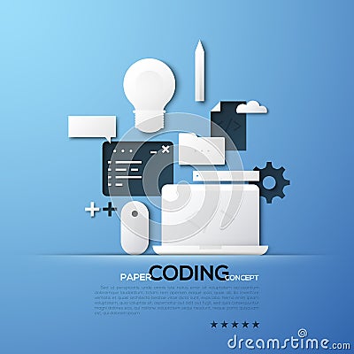 Paper concept of coding, front and back end software development, program code testing. White silhouettes of laptop Vector Illustration