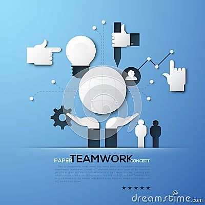 Paper concept of teamwork, team building, global networking, community support. White silhouettes of globe, people Vector Illustration