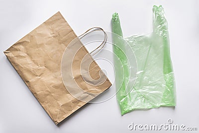 paper cotton eco versus plastic package flat lay. environmental global problems concept Stock Photo