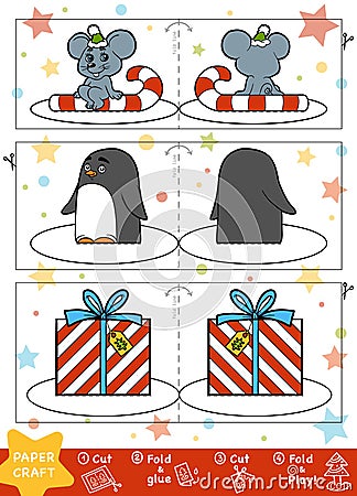 Paper Crafts for children. Mouse, Penguin and Christmas gift Vector Illustration