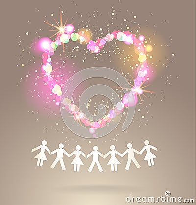 Paper crowd with shining heart Vector Illustration