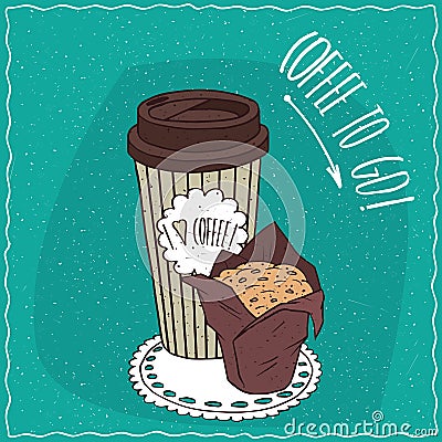 Paper cup of coffee with muffin in brown paper Vector Illustration