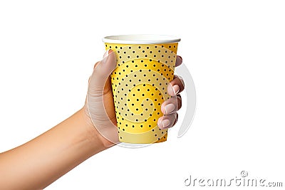 Paper Cup in Hands Isolated, Hand Holds Cup, Coffee Mug, Teacup, Hot Beverage Mockup, Grey Cup in Arms Stock Photo