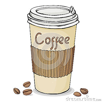 Paper Cup with lid with hot coffee to take away and coffee beans. Vector illustration on white background. Vector Illustration