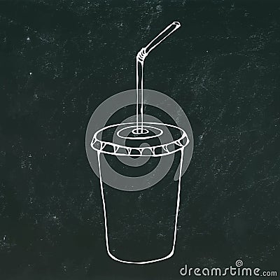 Paper Cup with Lid and Straw, Glass for Beverage Takeaway. Realistic Hand Drawn Doodle Style Sketch.Vector Illustration Vector Illustration