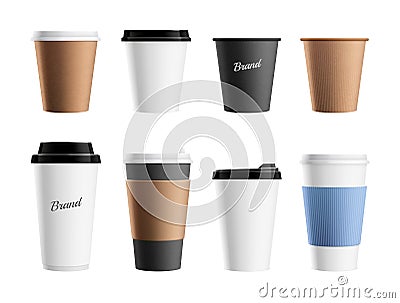 Paper cup mockup. Brown eco mug template for coffee cappuccino latte. Branding realistic drinks package or take away Vector Illustration