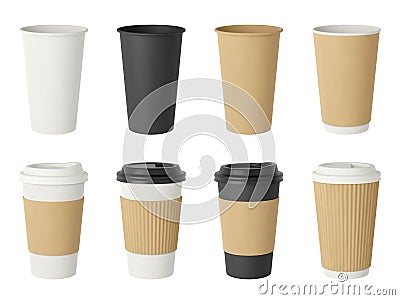 Paper cup realistic mockup. Coffee take away mug, disposables eco cups with plastic lid for cafe and bar. 3d hot drinks Vector Illustration