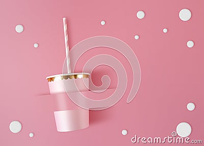 Paper cup with straws on pink celebration background. Pink cups made from cardboard for party style. Stock Photo