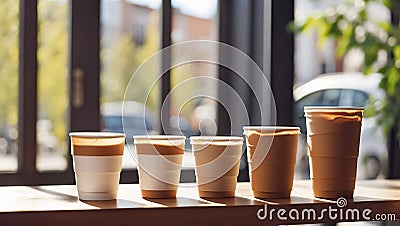 Paper cups with coffee in a style collection template caffeine design Stock Photo