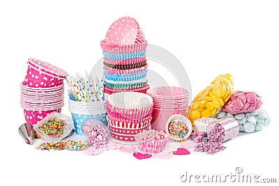 Paper cups for cupcake and colorful sprinkling for decorating Stock Photo