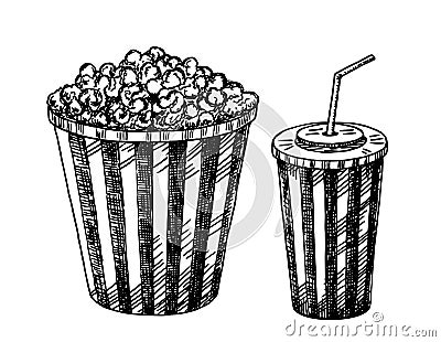Paper cups with drink and popcorn. Popcorn, soda takeaway. Cinema design in sketch style. Vector illustration. Vector Illustration