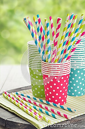 Paper cups and striped straws Stock Photo
