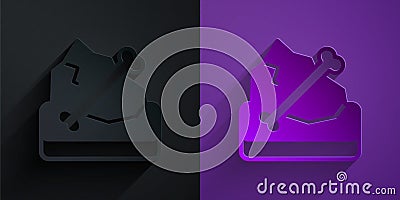 Paper cut Archeology icon isolated on black on purple background. Paper art style. Vector Stock Photo