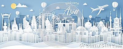 Paper cut of Asia landmark, Thailand, Singapore, Japan, India, Korea, China and Hong Kong. Asia travel and tourism concept Vector Illustration