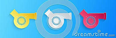 Paper cut Automotive turbocharger icon isolated on blue background. Vehicle performance turbo. Car turbocharger. Turbo Vector Illustration