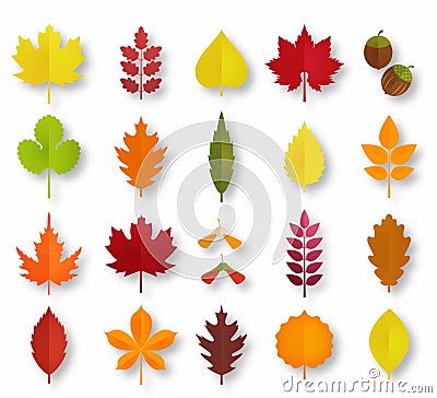 Paper cut autumn leaves set. Fall leaves colorful paper collection. Vector paper art style illustration Vector Illustration