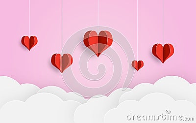 Paper cut balloon red heart and clouds on pink background Vector Illustration