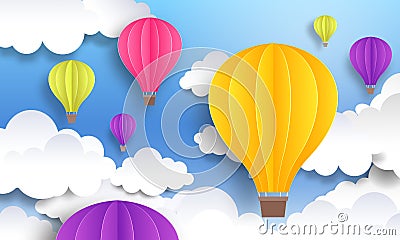 Paper cut balloons. Sky pastel background, cute origami cartoon graphic, flight voyage concept. Vector paper landscape Vector Illustration