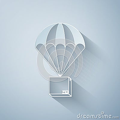 Paper cut Box flying on parachute icon isolated on grey background. Parcel with parachute for shipping. Delivery service Vector Illustration