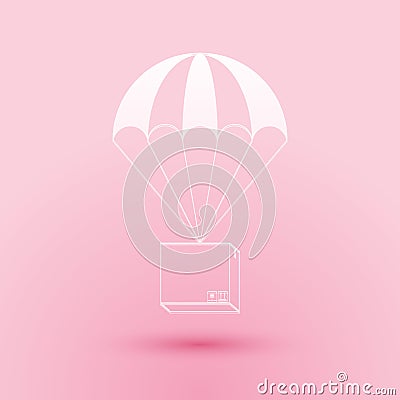 Paper cut Box flying on parachute icon isolated on pink background. Parcel with parachute for shipping. Delivery service Vector Illustration