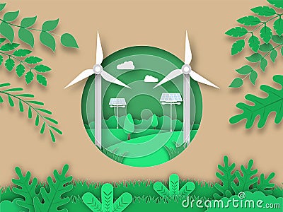 Paper Cut Brown And Green Background With Windmills, Solar Panels, Trees, Clouds, Leaves, Green or Renewal Energy Stock Photo