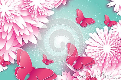 Paper cut Butterfly with Origami flower Vector Illustration