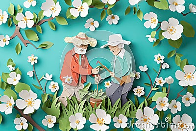 paper cut card A cheerful elderly couple gardening together, surrounded by spring blossoms Stock Photo