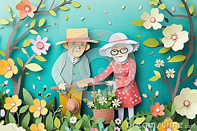 paper cut card A cheerful elderly couple gardening together, surrounded by spring blossoms Stock Photo