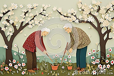 paper cut card A cheerful elderly couple gardening together, surrounded by spring blossoms Stock Photo