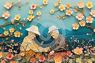 paper cut card A cheerful elderly couple gardening together, surrounded by spring blossoms Stock Photo