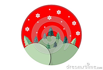 Paper cut Christmas Greeting Card. Christmas tree ,Hill and Snowflak on red background in circle view. Merry Xmas and Happy New Vector Illustration