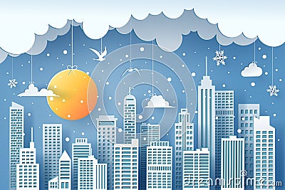 Paper cut of city, urban evening with the sun, bird, snow and clound. Paper art digital craft style Vector Illustration