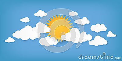 Paper cut clouds. Origami cloudscape. Sun and cloudy shapes on blue background. Creative minimal applique. Sunny weather Vector Illustration