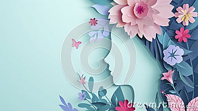paper cut craft of woman face and flowers offers space for Women's Day sentiments, free copy space Cartoon Illustration